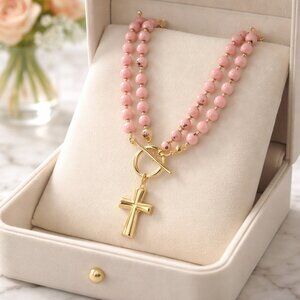 Pink and Gold double stranded beaded necklace with large toggle clasp holding a
